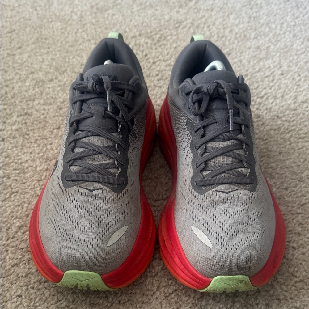 Men’s Hoka Bondi 8 Gray Running shoes with Bright Red-Orange Midsoles - Picture 5 of 7
